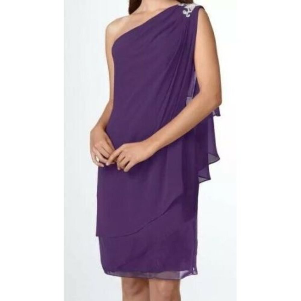 Sz 10P JS Boutique Purple Chiffon Sheath Dress Beaded